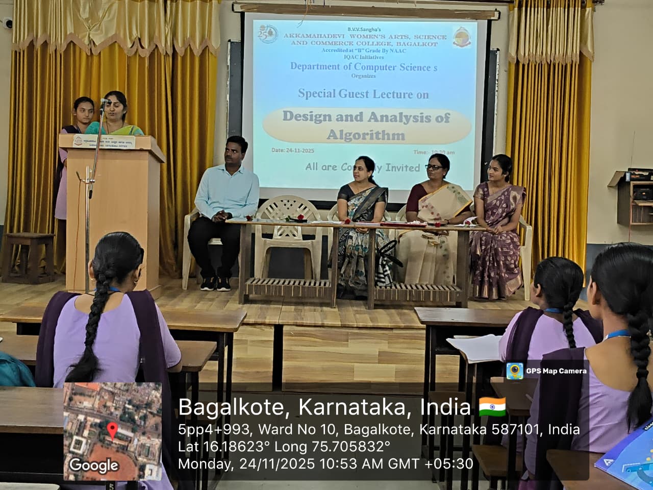 Dept of Computer science Organizes the Special Guest lecture on Design and Analysis of Algorithm. Prof. Smt.S.J.Wodeyar Principal Delivering the presidential Remarks